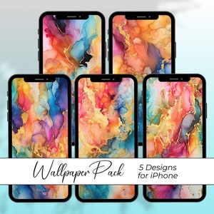 Rainbow Gold iPhone Wallpapers, Bundle of 5 Mobile Phone Backgrounds Abstract Liquid Alcohol Ink Colourful Texture iOs Theme for Cell Phone