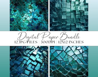 Teal Green Glass Digital Paper, 12x JPG  Cracked Glass Patterns Clipart Instant Download Graphics Abstract Background Illustration Textures