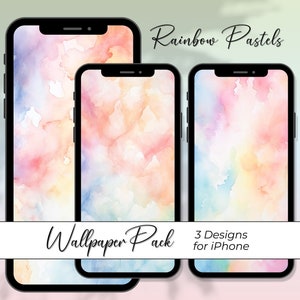 May include: Three iPhone wallpapers featuring a watercolor background with pastel colors and a rainbow effect. The text "Rainbow Pastels" and "Wallpaper Pack" is visible on the image. The text "3 Designs for iPhone" is also visible.