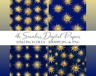 Sun Seamless Patterns, 4x Midnight Blue and Gold Digital Papers, Star Clipart Set, Party Invites, Repeating Background, Scrapbook Home Decor