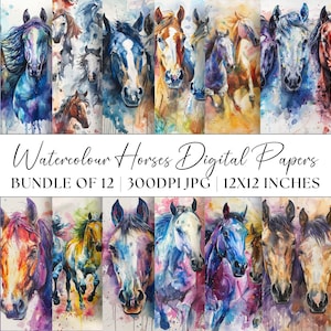 Papier numérique aquarelle chevaux, lot de 12 x JPG, joli motif poney, cliparts à usage commercial, abstrait marbre, illustration équine