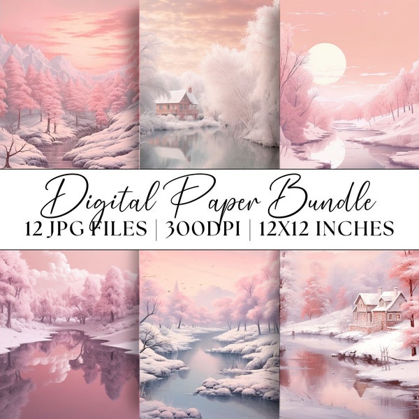 Candy Pink Christmas Digital Paper, Cottagecore Xmas Patterns Pastel Landscape Scenes Instant Download Graphics Backgrounds Illustrations