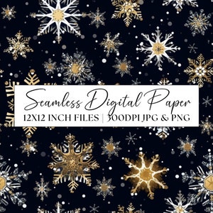 Può includere: Carta digitale senza cuciture con un motivo di fiocchi di neve dorati e bianchi su sfondo nero. Il motivo è di 12x12 pollici e 300 DPI. Il testo "Seamless Digital Paper" e "12x12 INCH FILES | 300DPI JPG & PNG" è incluso nell'immagine.