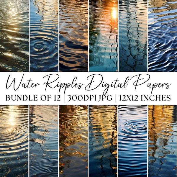 Lake Ripples Digital Paper, 12x JPG Abstract Water Sea River Reflections Clipart Commercial Use Graphics Background Illustration Textures