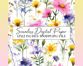Summer Flowers Seamless Pattern Clipart, Colourful Meadow Digital Paper, Wedding Party Invitation Repeating Background Scrapbook Florals