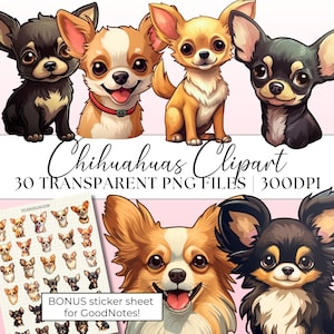 Chihuahua Clipart, GoodNotes Sticker Sheet, 30 Transparent Cartoon PNG Clipart for Pet Chi Dog Lovers, Pre-Cropped Digital Planner Stickers