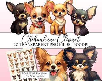 May include: A set of 30 digital clipart images of cute cartoon Chihuahuas in various poses. The images are in PNG format and are 300 DPI. The clipart is perfect for adding a touch of whimsy to your digital projects.