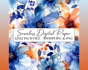 Blue Floral Seamless Pattern, Garden Flowers Watercolour Digital Paper Clipart, Wedding Invitation, Repeating Background, Scrapbooking Paper
