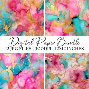 Pink and Turquoise Digital Paper, 12x JPG Pastel and Gold Swirls Patterns Clipart Instant Download Graphics Background Illustration Textures