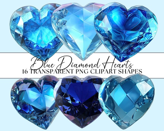 Blue Diamond Hearts Clipart Bundle, Objects Crafting Wedding Love Valentine's Day 16x Transparent PNG Shiny Crystal 3D Set Commercial Use