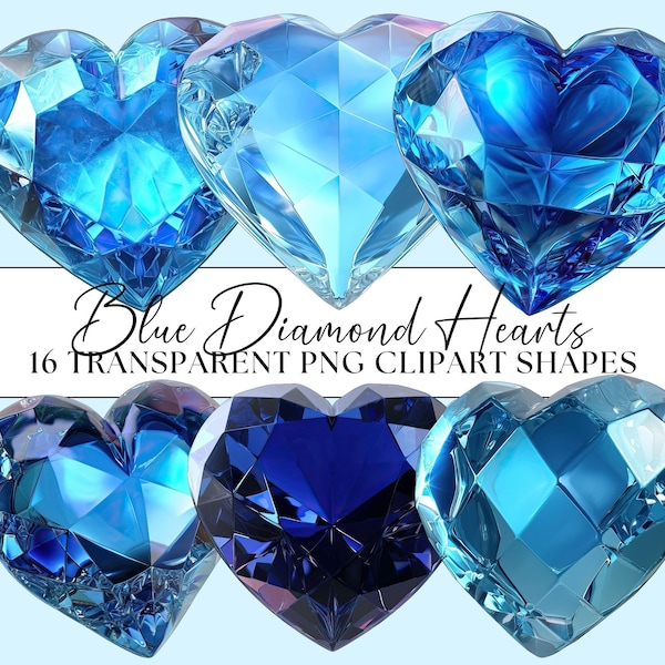 Blue Diamond Hearts Clipart Bundle, Objects Crafting Wedding Love Valentine's Day 16x Transparent PNG Shiny Crystal 3D Set Commercial Use