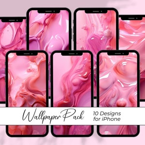 Puede incluir: Un conjunto de 10 fondos de pantalla abstractos para teléfono con remolinos de líquido rosa y blanco. Los fondos de pantalla están diseñados para iPhone y se muestran en maquetas de pantallas de iPhone.