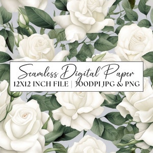 Modèle sans couture de roses blanches, papier numérique blanc et vert, cliparts faire-part de mariage, fond répétitif papeterie papier scrapbooking