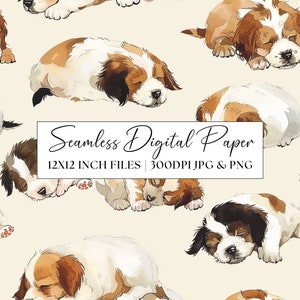 Peut inclure: Un motif de papier numérique sans couture avec un motif répété de chiots aquarelle endormis sur un fond crème. Les chiots sont bruns, blancs et noirs avec les yeux fermés. Le texte "Seamless Digital Paper 12x12 INCH FILES | 300DPI JPG & PNG" est affiché au centre de l'image.