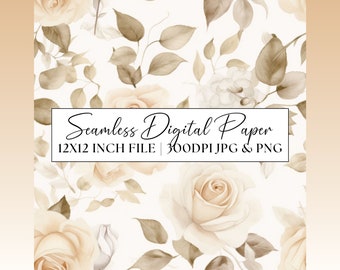 Cream Roses Digital Paper, Neutral Seamless Pattern, Vintage Style Clipart, Wedding Invitation Repeating Background Scrapbooking Floral