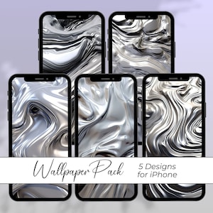 Könnte beinhalten: Satz mit fünf abstrakten Handy-Hintergrundbildern mit einem Design aus silbernem flüssigem Metall. Die Hintergrundbilder werden auf fünf iPhone-Bildschirmen angezeigt.