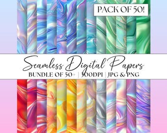 50+ Metallic Seamless Patterns, Pastel Digital Papers Bundle, Foil Hologram Clipart, Party Invite Repeating Background Scrapbook Home Decor