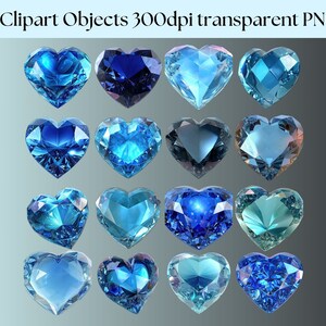 May include: 16 blue heart-shaped gemstones with various shades of blue, from light to dark, with a shiny, faceted surface. The gemstones are arranged in a grid pattern on a grey background.