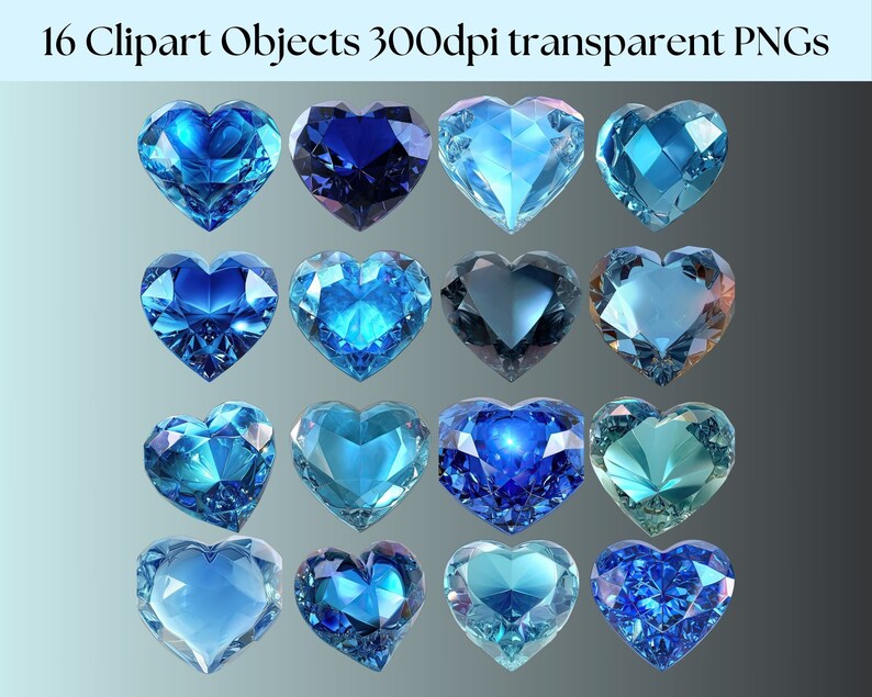 May include: 16 blue heart-shaped gemstones with various shades of blue, from light to dark, with a shiny, faceted surface. The gemstones are arranged in a grid pattern on a grey background.