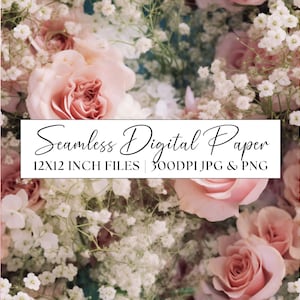 Pastel Pink Roses Digital Paper, Baby&#39;s Breath Seamless Pattern, Wedding Invitation Clipart, Repeating Background Scrapbook Paper Stationery