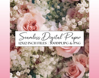 Pastel Pink Roses Digital Paper, Baby's Breath Seamless Pattern, Wedding Invitation Clipart, Repeating Background Scrapbook Paper Stationery