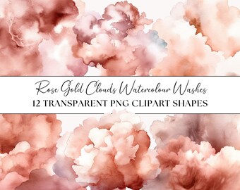 Rose Gold Cloud Watercolour Washes, 12 PNG Clipart Splashes Shapes Objects Abstract Instant Download Transparent Background Liquid Textures