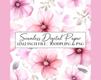 Pastel Pink Flower Digital Paper, Floral Seamless Pattern, Watercolour Clipart, Wedding Invitation Repeating Background Scrapbooking Paper