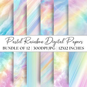 May include: A set of 12 digital papers featuring pastel rainbow colors in a variety of abstract patterns. The papers are 300 DPI and measure 12x12 inches.