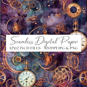 May include: Seamless digital paper pattern featuring intricate gold gears and clock faces on a purple and blue watercolor background. The text "Seamless Digital Paper 12x12 inch files | 300DPI JPG & PNG" is displayed on a white banner.
