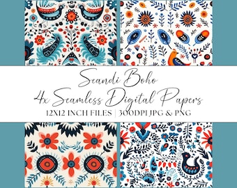 Scandi Boho Digital Papers, Scandinavian Seamless Patterns, Vintage Style Clipart, Folklore Party Invite Repeating Background Scrapbook