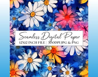 Daisy Flowers Seamless Pattern, Floral Watercolour Digital Paper Clipart, Wedding Invitation Repeating Background Print Scrapbook Paper