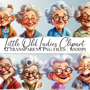 Little Old Ladies Clipart, Fashionable Lady Cartoon Senior Citizen PNG trasparente Nonna Nana Pacchetto di 12 inviti per feste di compleanno a nozze