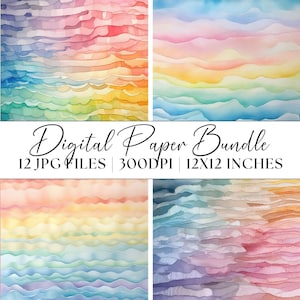 May include: A digital paper bundle containing 12 JPG files, 300 DPI, and 12x12 inches. The images feature a watercolour design of layered, wavy lines in shades of pink, blue, yellow, and green.