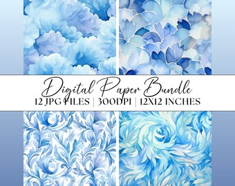 Blue Watercolour Digital Paper, 12x JPG Pastel Blue Patterns Clipart Instant Download Graphics Abstract Backgrounds Illustration Textures