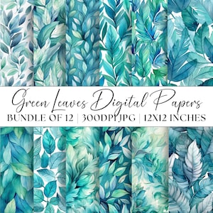Greenery Digital Paper, 12x JPG Foliage Patterns Printable Green Leaves Background Leaf Illustration Textures Clipart Commercial Use