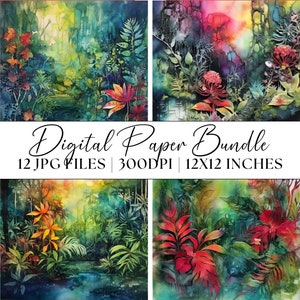 May include: A digital paper bundle featuring four watercolor paintings of lush, colorful jungle scenes. The artwork includes vibrant red, orange, and green foliage with the text "Digital Paper Bundle 12 JPG FILES 300DPI 12X12 INCHES".