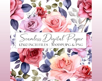 Pastel Roses Digital Paper, Pink and Red Seamless Pattern, Wedding Invitation Clipart, Repeating Background Scrapbooking Paper Stationery