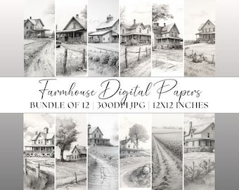 Farmhouse Digital Paper Bundle, 12x JPG Black and White Backgrounds, Vintage Style Drawings Illustrations, Commercial Use Landscapes
