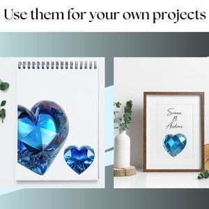 May include: Two blue crystal heart-shaped designs, one large and one small, are shown on a white background. The larger heart is on a white page with a spiral binding. The smaller heart is on a framed print with the text "Simon & Andrew" in black cursive.