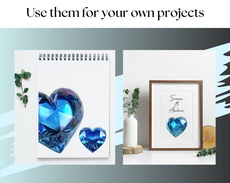 May include: Two blue crystal heart-shaped designs, one large and one small, are shown on a white background. The larger heart is on a white page with a spiral binding. The smaller heart is on a framed print with the text "Simon & Andrew" in black cursive.
