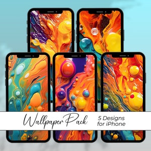 Paint iPhone Wallpapers, Bundle of 5 Mobile Phone Backgrounds Abstract Liquid Oil Acrylic Drips Colourful Texture iOs Theme for Cell Phone