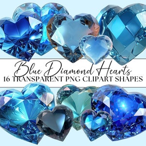 May include: A collection of 16 blue diamond heart shapes, perfect for crafting or digital design projects.  These transparent PNG clipart images are ideal for adding a touch of sparkle to your creations.