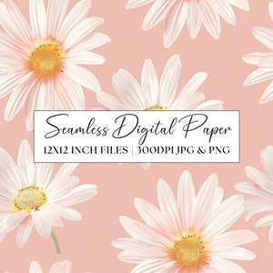 May include: Seamless digital paper pattern featuring delicate white daisies with yellow centers on a light pink background. The text "Seamless Digital Paper 12x12 inch files | 300dpi JPG & PNG" is displayed on the image.