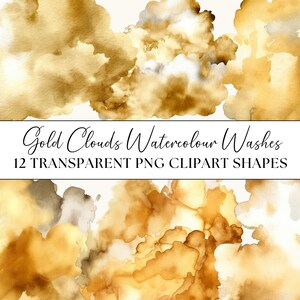 Gold Cloud Watercolour Washes, 12 PNG Clipart Splashes Shapes, Abstract Objects, Instant Download, Transparent Background, Liquid Textures