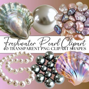 Clipart de perle, 40 x formes PNG transparentes, paquet de perles d'eau douce, thème anniversaire, invitation de fête d'anniversaire, images de faire-part de mariage