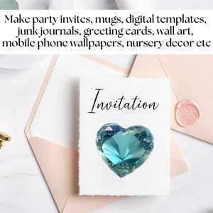 May include: A white card with the word "Invitation" written in black cursive script. A teal blue heart-shaped crystal is centred on the card. The card is on top of a light pink envelope.