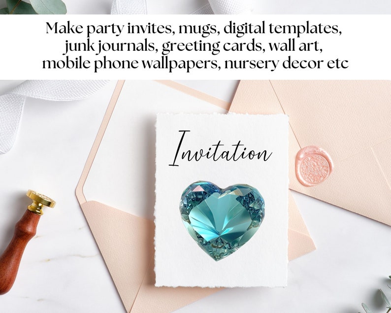 May include: A white card with the word "Invitation" written in black cursive script. A teal blue heart-shaped crystal is centred on the card. The card is on top of a light pink envelope.