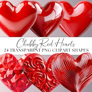 Cuori rossi Clipart Bundle Oggetti Crafting Matrimonio Amore San Valentino 24x PNG trasparenti Cuori 3D paffuti lucidi Set Uso commerciale