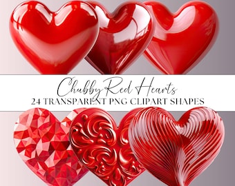 Red Hearts Clipart Bundle Objects Crafting Wedding Love Valentines Day 24x Transparent PNG Shiny Chubby 3D Hearts Set Commercial Use