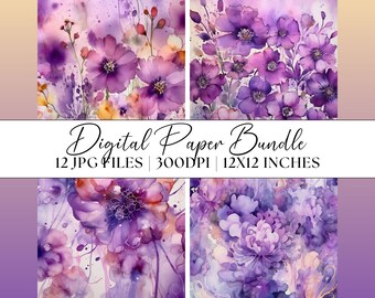 Watercolour Digital Paper Purple Floral, 12x JPG Pastel Patterns Clipart Instant Download Graphic Abstract Backgrounds Illustration Textures
